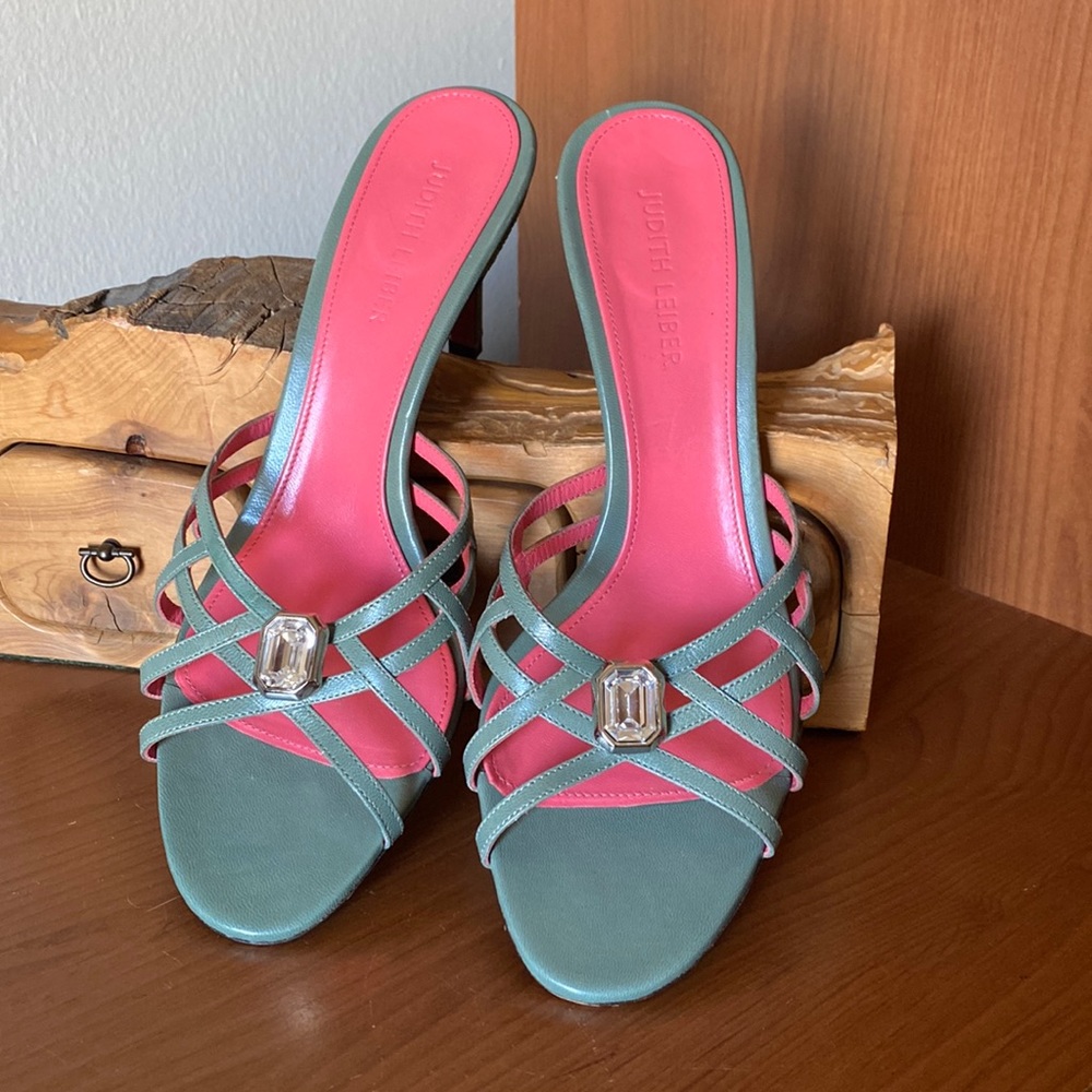 Judith Leiber Teal and Coral Sandals